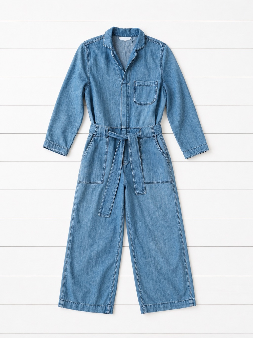 &Denim Chambray Denim Jumpsuit | Size 10 | Belted Wide Leg Utility Romper - Picture 3 of 5